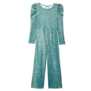 Love, Fire Kids' Puff Sleeve Velour Jumpsuit In Light Green Floral XL NWT